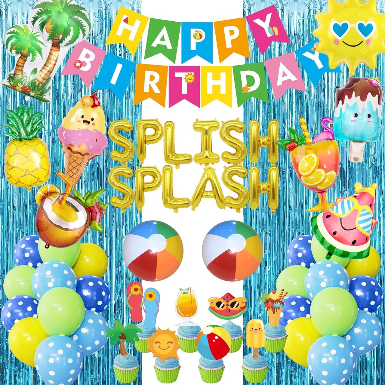 Summer Birthday Party Decorations with Balloons, Banner, Toppers, Foil Balloons, and Beach Balls